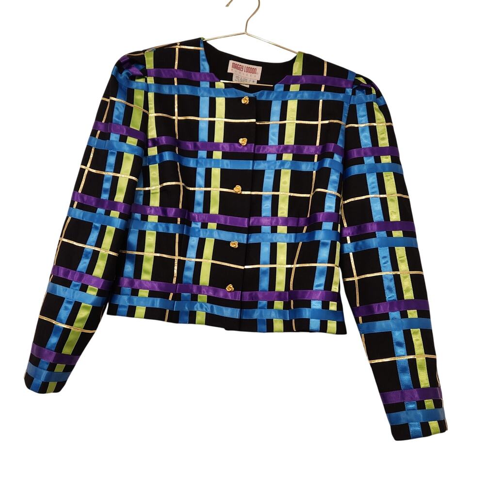 Vintage Maggy London Rainbow Ribbon Plaid black blazer size 8